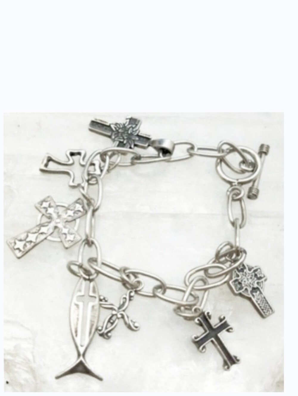 Cross Charm Faith Collectible Toggle Bracelet 925 Sterling Silver 7.5"
